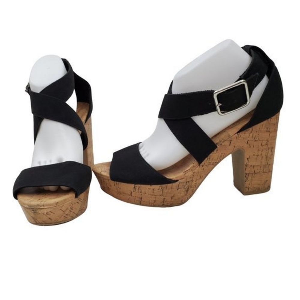 American Eagle Heels 10 Black Faux Cork Vegan Strappy Platform Tan Sandals